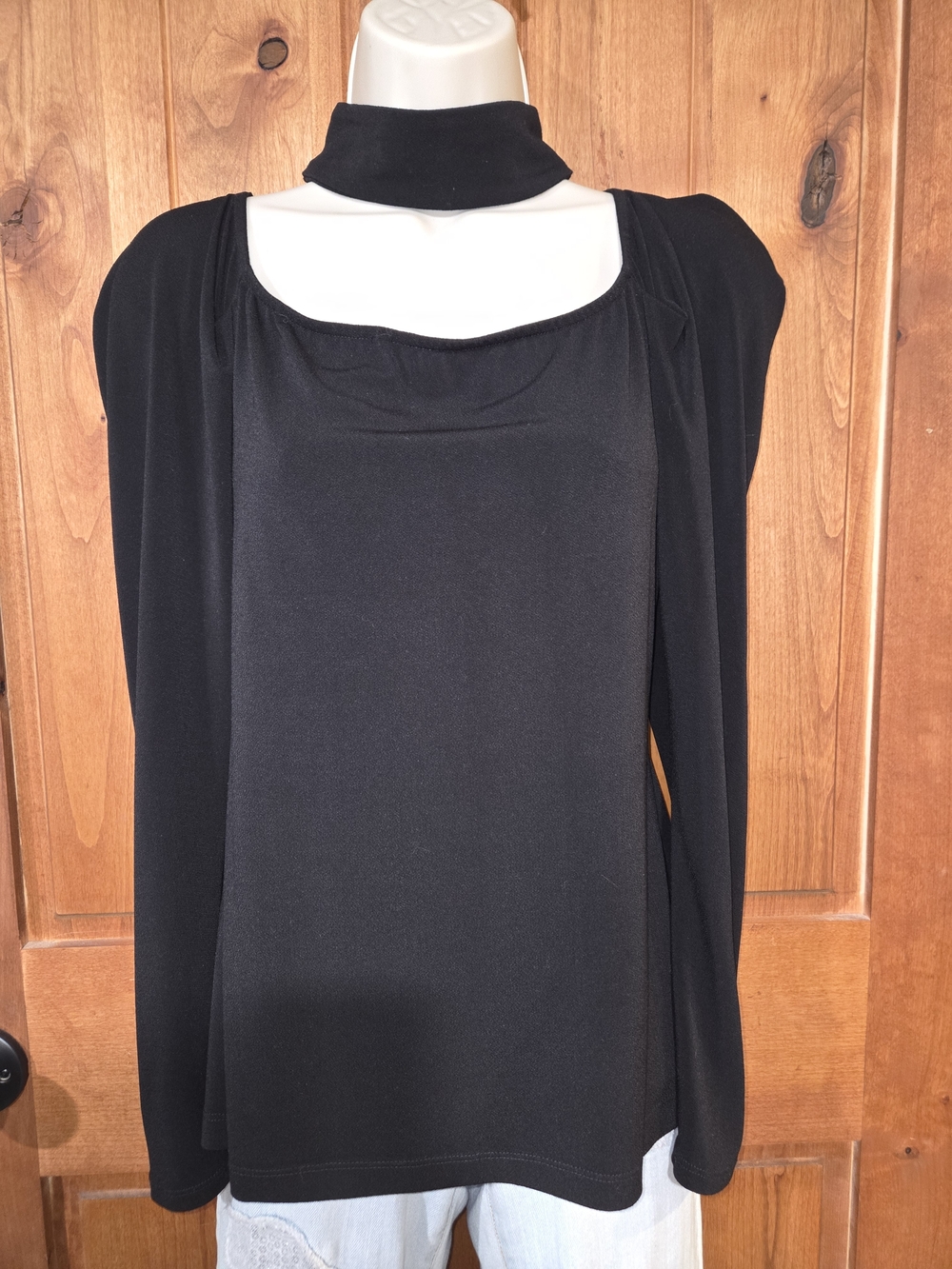 Black Long Sleeve Scoop Neck Top with Mock‎ Neck Detail